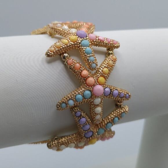 Pastel Starfish Stretch Bracelet, Gold Tone Starfish Pastel Cabochons, 7 Inches - Picture 9 of 12